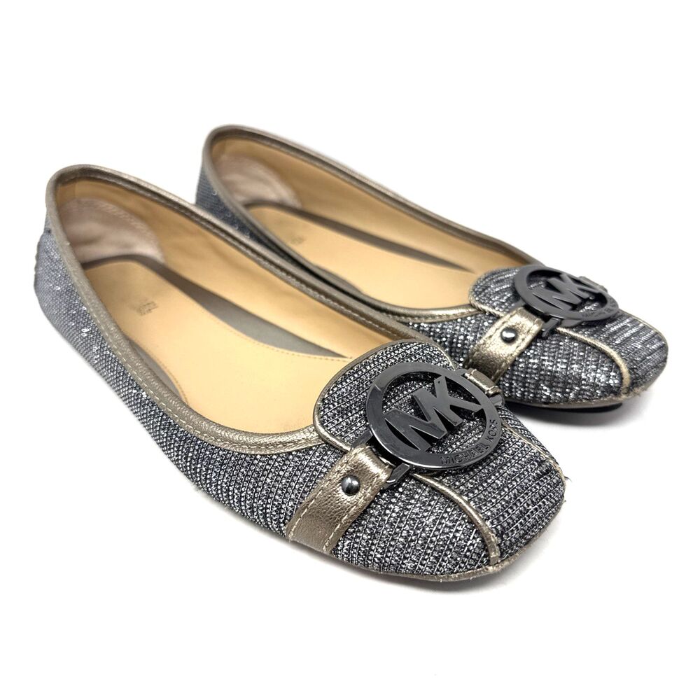 Michael Kors Fulton Ballerina Flat Womens Sz 7 Signature Silver Gold Sparkle Moc